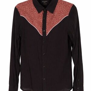 All Saints Men's Black Shirt with Red Patterned Yoke